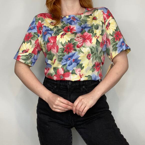 Vintage 90s Cristin Stevens Deadstock Neutral Floating Floral Print Blouse Tee - Picture 1 of 12